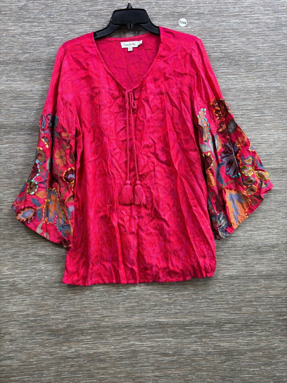 Time For Me Blouse Womens L Pink Embroidered Bell Sleeve Boho V Neck Tunic Top